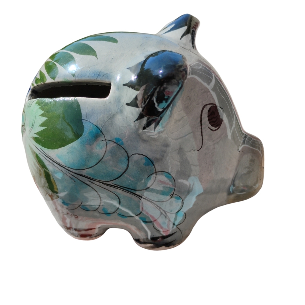 Vintage Mexican Piggy Bank Hand Crafted Ceramic Painted Signed G-3